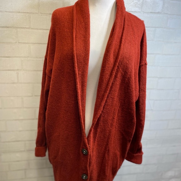 Free People Eucalyptus Wool Blend Cardigan Brick Red Heather XS OVERSIZED - Picture 5 of 16